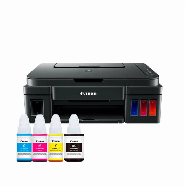multifuncional canon pixma g3110 wifi + kit de tintas canon gi-190 impresora multifuncional negra, vista frontal centrada con bandeja frontal y tanques de tinta visibles a la derecha; botellas GI-190 (cian, magenta, amarillo, negro) al frente, panel superior plano con logo Canon y pantalla LCD pequeña, imprime, copia y escanea y puede producir fotos 10 x 15 cm sin bordes.