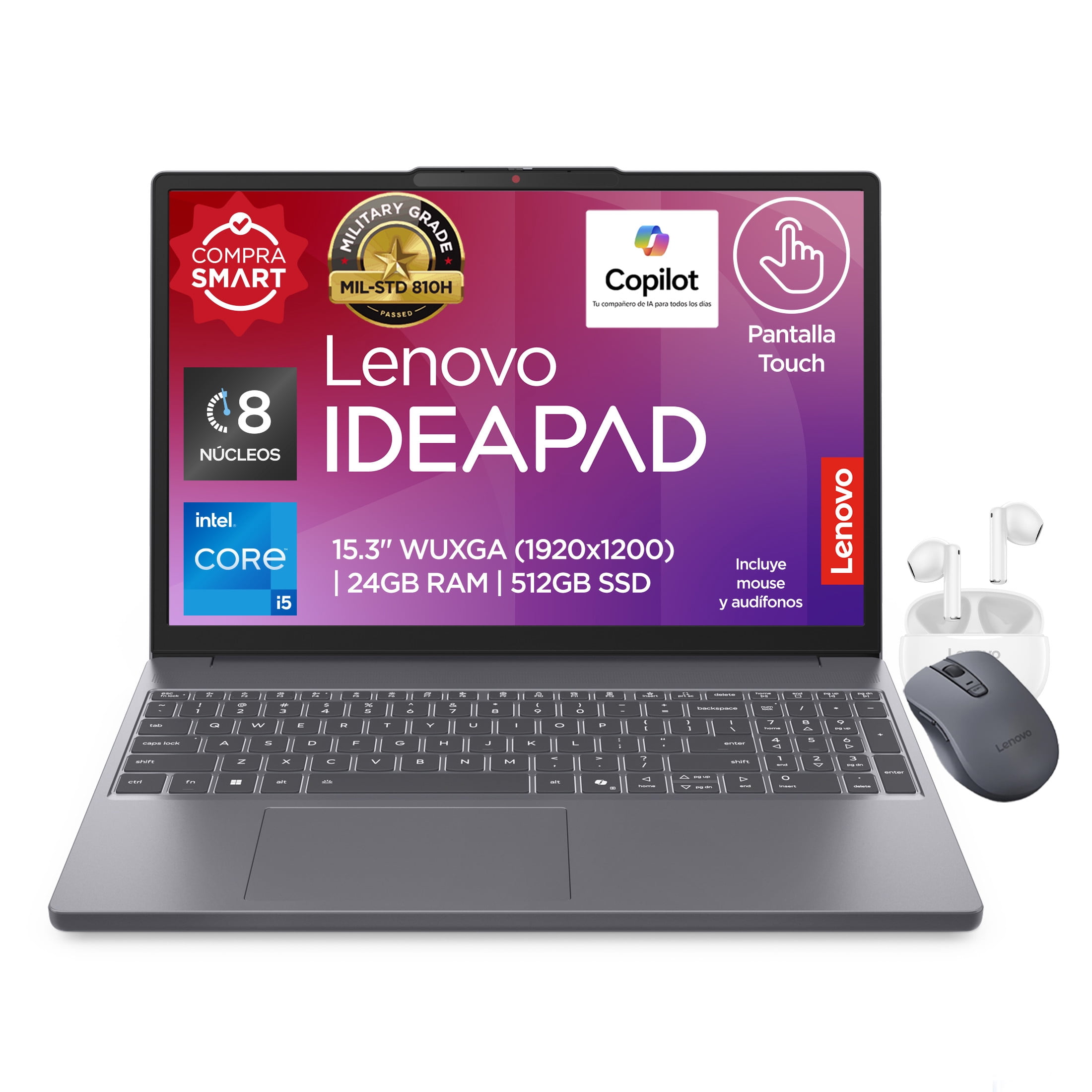 Laptop Lenovo Idea Pad Slim3 CI5H Gen 13th RAM 24GB SSD 512GB Gris con Audifonos y Mouse