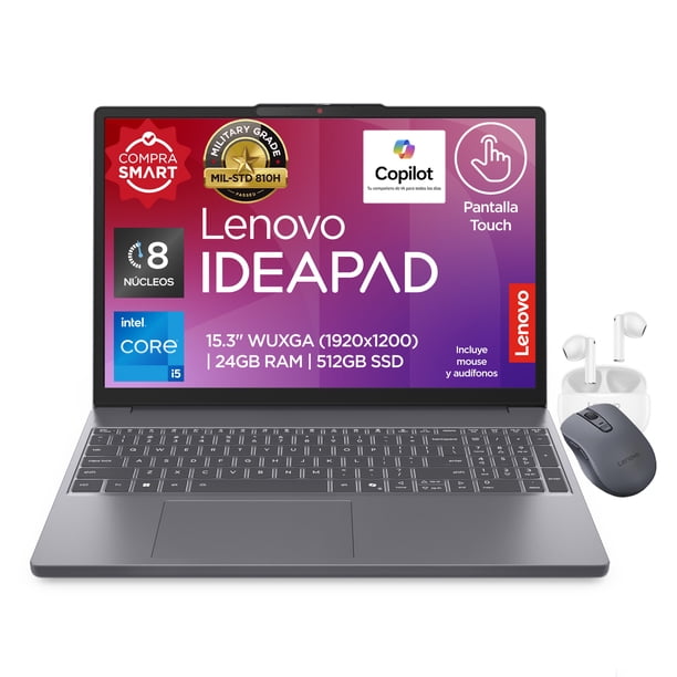 Laptop Lenovo Idea Pad Slim3 CI5H Gen 13th RAM 24GB SSD 512GB Gris con Audifonos y Mouse