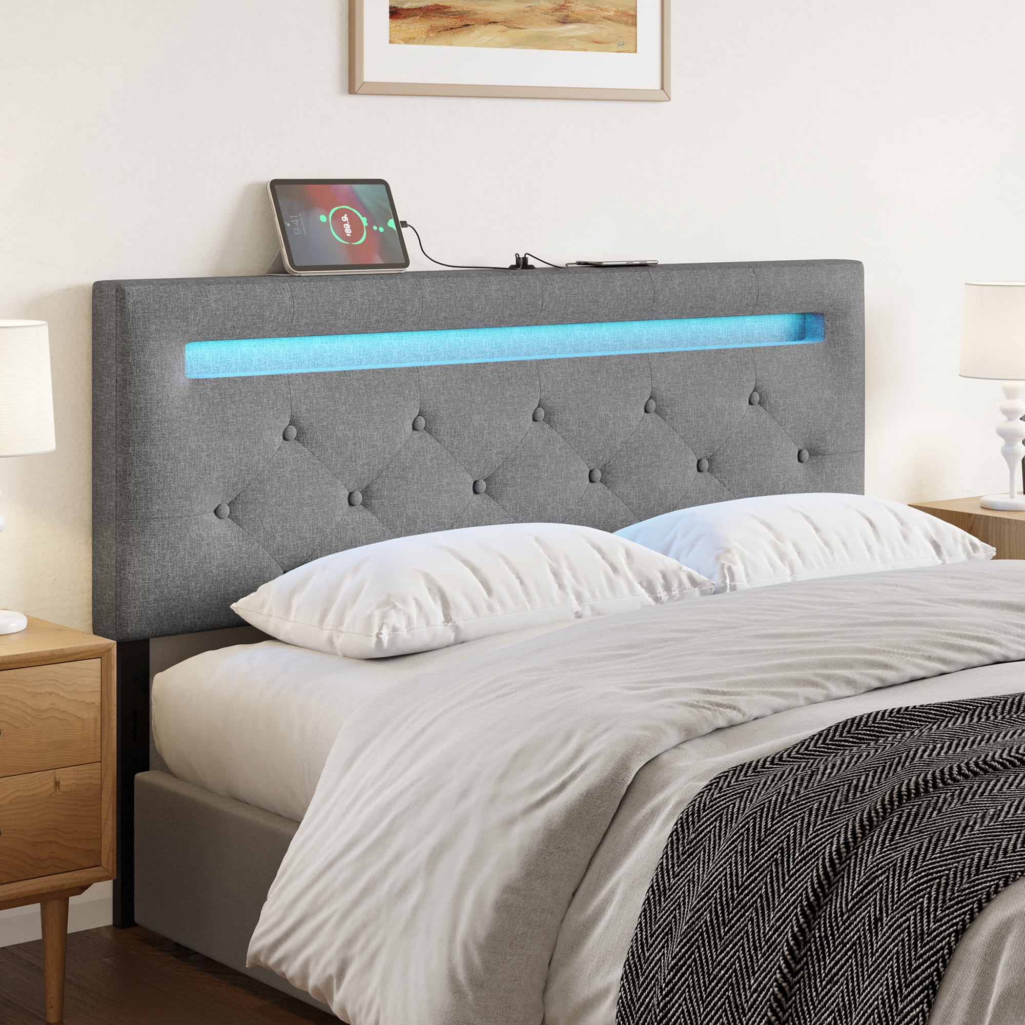 FABATO Cabecera Matrimonial con Luz LED y 2 Puertos USB - De Tela de Lino Acolchonada y Altura Ajustable - Ideal para Mueble para Recamara (Matrimonial)