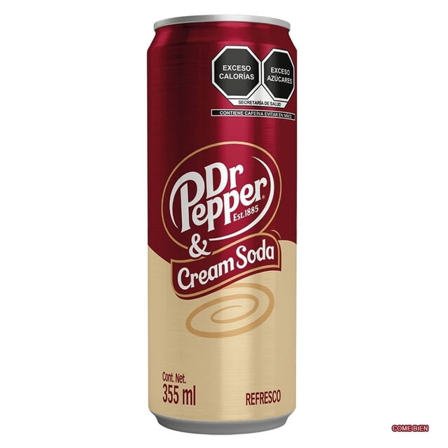 refresco dr pepper cream soda 355 ml lata delgada frente centrada, diseño bicolor burdeos y crema con logo Dr Pepper grande y texto "Cream Soda", sello de leyendas nutrimentales en la parte superior y contenido neto 355 ml; bebida gaseosa ideal para acompañar botanas y para servir fría.
