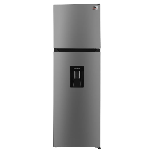 refrigerador 12 pies top mount 334 litros automatico White-Westinghouse, vista frontal centrada de diseño compacto gris; congelador superior y refrigerador inferior, bisel negro entre secciones y dispensador rectangular en puerta inferior, acabado metálico cepillado, patas ajustables visibles y logotipo en esquina superior derecha; según especificaciones incluye charolas de vidrio templado y puerta reversible.