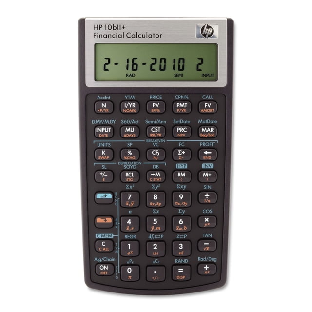 calculadora financiera hp 10bii+ lcd de 12 dígitos negra, vista frontal centrada con pantalla LCD superior de alto contraste y teclado completo de teclas negras con etiquetas blancas y naranjas; cuerpo rectangular con bordes redondeados y logo HP arriba a la derecha; teclas para funciones financieras y estadísticas (N, I/YR, PV, FV, TVM) y memoria. Ideal para estudiantes y profesionales; también suele usarse para prácticas de exámenes y ejercicios financieros.