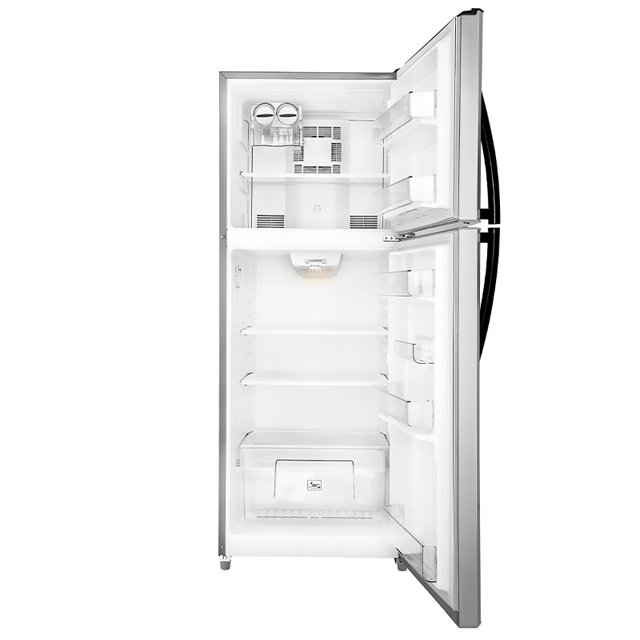 refrigerador automático mabe 14p grafito rme1436xmxe0 Refrigerador top-mount gris con puertas abiertas: congelador superior con fábrica de hielo, 1 parrilla de cristal templado y 2 anaqueles en puerta; enfriador inferior con 3 parrillas de cristal templado, cajón legumbrero, anaquel para botellas hasta 3 L, 3 anaqueles en puerta, huevera, luz interior y jaladera tipo full grip; apto también para guardar ollas y recipientes grandes.