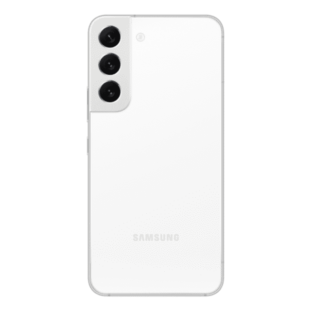 samsung galaxy s22 256gb blanco reacondicionado vista trasera centrada de un Galaxy S22 blanco con módulo triple de cámaras en esquina superior izquierda, acabado mate blanco, logotipo Samsung en la parte inferior y bordes delgados; incluye caja y cable alternativo; suele usarse como equipo secundario para viaje.