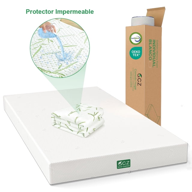 colchón individual memory foam en caja, 3 capas de espuma de alta densidad a conciliar el sueño, 100x190x15 cm-blanco Vista frontal de un colchón individual blanco de 15 cm con funda texturizada y etiqueta GCZ; caja vertical abierta con colchón enrollado al fondo; protector plegado con estampado verde y recuadro que muestra detalle impermeable. Especificaciones visibles: 100 x 190 x 15 cm, tejido punto 100% poliéster y relleno de espuma viscoelástica de alta densidad, capacidad 200 kg. Adecuado también para cuartos de invitados o para transporte en formato en caja.