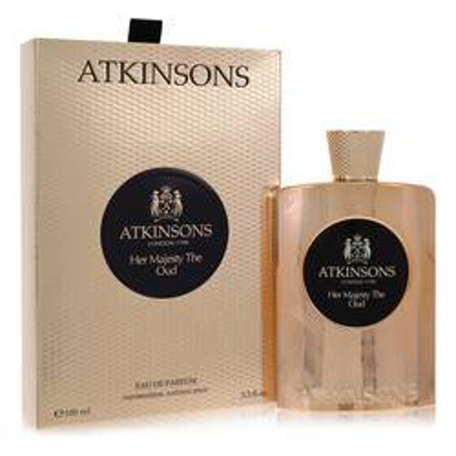 su majestad la oud atkinsons eau de parfum spray model frasco dorado rectangular con esquinas redondeadas y etiqueta negra circular, caja texturizada dorada a la izquierda, vista frontal que muestra tapón cónico y emblema Atkinsons; perfume para mujer, suele usarse también como pieza de colección.