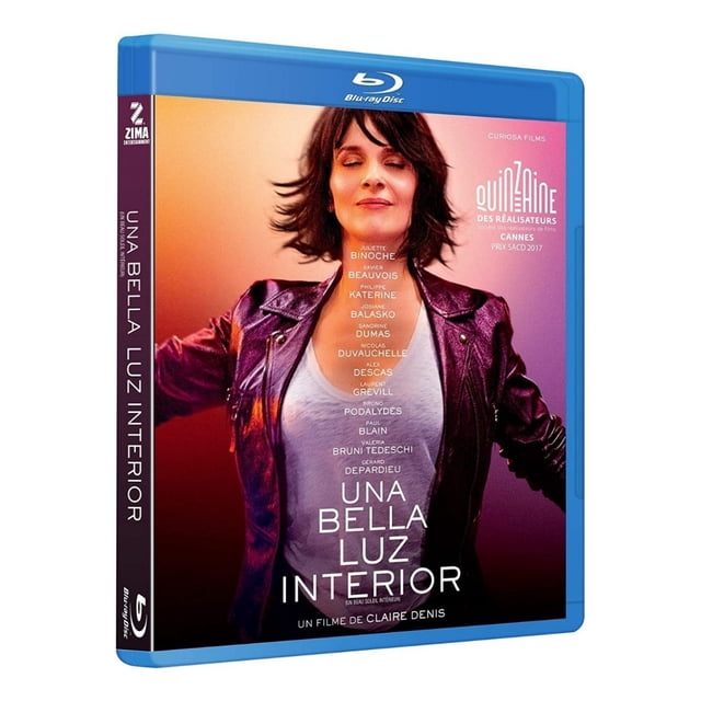 una bella luz interior zima pelicula blu-ray 2017 audio francés subtítulos español Nuevo Blu-ray, vista 3/4 de la carátula: actriz en primer plano con chaqueta de cuero morada sobre camiseta clara, fondo degradado naranja a rosa, título en blanco centrado en la parte baja, logotipo Zima en el lomo y sello Blu-ray en el borde superior.