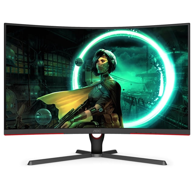 monitor gamer curvo 31.5 aoc 1ms 165hz full hd va wled hdmi freesync negro — Vista frontal centrada de monitor curvo 31.5" (80 cm) negro con base en Y y logo AOC en el marco inferior; panel VA Full HD 1920 x 1080 mostrando escena de videojuego con anillo luminoso verde, tiempo de respuesta 1 ms, frecuencia 165 Hz y compatibilidad FreeSync. A menudo usado también para simulaciones de conducción en setups compactos.