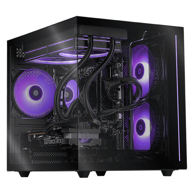 pc gamer xtreme pc gaming nvidia geforce rtx 5060 amd ryzen 7 5700x 32gb ssd 1tb sistema liquido wifi w10 black torre negra frente 3/4 con panel lateral de vidrio, refrigeración líquida con radiador superior y tubos negros, ventiladores RGB morados, tarjeta NVIDIA GeForce RTX 5060 visible, placa A520 AM4, 32GB RAM y SSD 1TB instalados, botón RGB en el panel; adecuada para gaming competitivo 1080p y streaming.