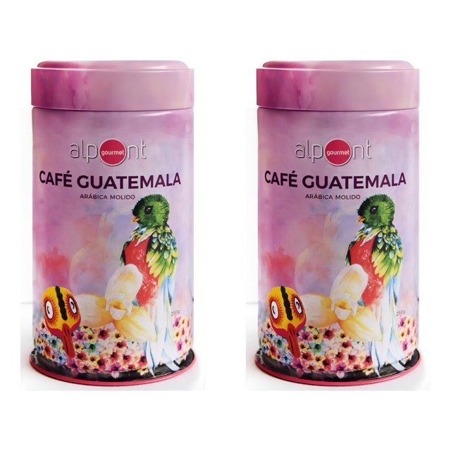 alpont gourmet café guatemala molido 250 gramos 2 piezas — Dos latas cilíndricas frontales, vista centrada; envases rosados con tapa a juego, etiqueta que dice "CAFÉ GUATEMALA ARÁBICA MOLIDO" y logotipo Alpont gourmet, ilustración de loro verde y flores en la base y peso 250 g visible; apto para despensa y uso diario como café molido.