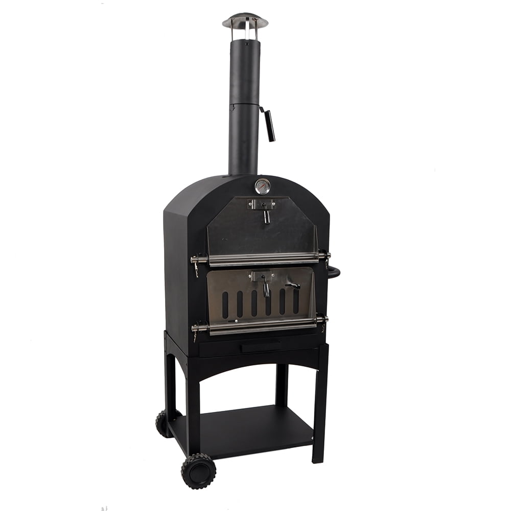 Ilios Innova | Horno Vesuv para Pizza de Carbón y Leña, con Piedra Cordierita, Termómetro y Chimenea, Asador Ahumador de Acero con Ruedas y Parrilla