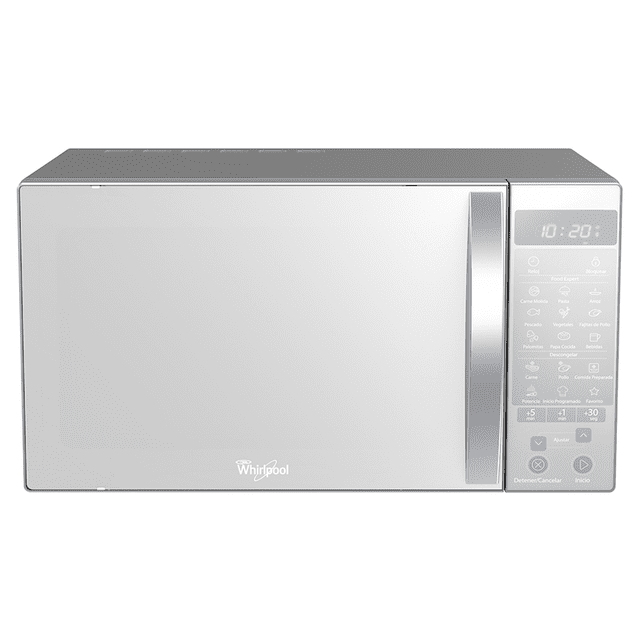 horno de microondas whirlpool mod. wm1211de 1.1p3 microondas 1.1 pies gris, vista frontal centrada con puerta espejo y manija vertical derecha; panel digital derecho con pantalla LED que muestra la hora y botones rápidos para 9 opciones Food Expert, descongelado específico, bloqueo de controles y plato giratorio de vidrio visible.