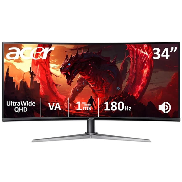 monitor gamer curvo 34 acer nitro 180h qhd bocinas ed340cu-rf reacondicionado frontal centrado de 34" con pantalla UltraWide QHD 3440x1440 y panel VA 21:9, 1 ms y 180 Hz; bisel delgado, base metálica en V color negro y logo Acer visible; también suele usarse para edición y multitarea por su formato ultrapanorámico.