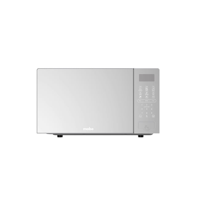 horno de microondas mabe 0.7 pies cúbicos digital 120v panel touch en español 10 niveles de potencia función descongelado silver — vista frontal centrada de microondas compacto color plata con puerta lisa, panel táctil vertical a la derecha con pantalla digital e iconos en español, botones numéricos y tecla de descongelado, plato giratorio interno y patas cortas; diseño de sobremesa para cocinas pequeñas, departamentos y oficinas, también suele usarse para calentar comidas rápidas y bebidas en oficinas.