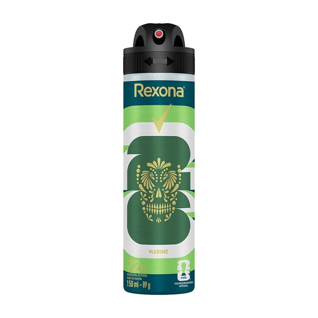 antitranspirante rexona men marine 150 ml aerosol, desodorante multicolor; vista frontal centrada de lata alta con tapa negra y boquilla roja, cuerpo verde y azul con logotipo Rexona, palabra 'marine', detalle decorativo dorado y leyenda 150 ml visible; etiqueta indica protección hasta 72 horas según especificación del producto.