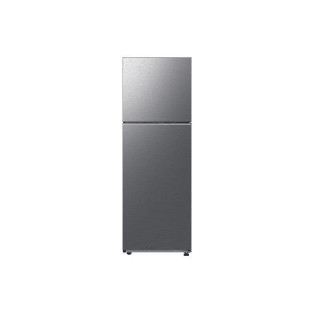 refrigerador top mount 11 pies cúbicos Samsung en acero, vista frontal centrada con congelador superior; puertas lisas de acabado metálico cepillado, bandeja giratoria de hielos integrada (cap. 2.9 kg) y conectividad SmartThings WiFi para monitoreo y control remoto. También se usa frecuentemente para enfriar bebidas en eventos.