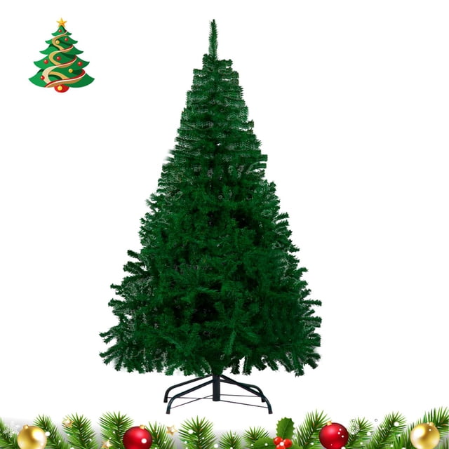 árbol pino de navidad artificial 1.80 metros frondoso verde mediana lumo árbol artificial de 180 cm con follaje verde denso y forma cónica, ramas desplegables para ajuste manual; soporte metálico negro de cuatro patas visible, diámetro aprox. 90 cm; fondo blanco con detalles navideños. Ideal para salas o vestíbulos y adecuado para decorar con guirnaldas y esferas.