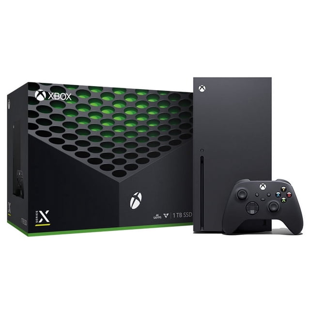 consola xbox series x de 1 tb negra xbox xbox series x Vista frontal de la consola vertical negra con ranura de disco y botón de encendido con logo Xbox, acompañada del control inalámbrico negro; caja de producto a la izquierda con patrón circular verde y texto que indica 1 TB SSD. Su tamaño compacto la hace adecuada para colocarse en un mueble de entretenimiento.