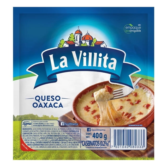 queso oaxaca la villita 30 en bola 400 g Empaque frontal con logo La Villita sobre fondo azul; etiqueta indica 'Queso Oaxaca' y '400 g', muestra fotografía de queso Oaxaca fundido en cazuela con hilos de estiramiento, ideal para fundir y compartir en familia.