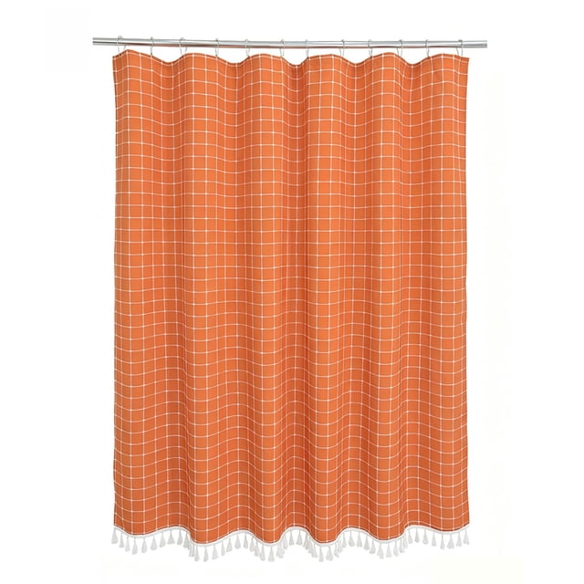 Cortina de baño Hometrends naranja con detalles de cuadros bordados blancos
