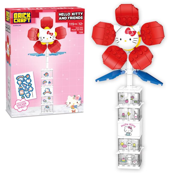 Brickcraft Hello Kitty Kit de Construcción de Flores y Jarrones (115 Piezas de Plástico), Colección Sanrio Hello Kitty, Decoración Floral y Ramo de Jarrón Modular, Linda Decoración Del Hogar