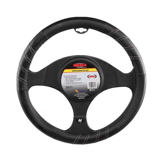 cubre volante mikel's cubrevolante universal piel deportivo cu-pd funda protectora para volante negro, vista frontal centrada de cubierta deportiva en piel tipo deportivo con costuras blancas y paneles perforados; diseño universal ajustable que cubre el aro, protege contra rasguños y mejora el agarre; instalación rápida y sencilla; suele usarse también para renovar el aspecto interior en viajes o uso diario.