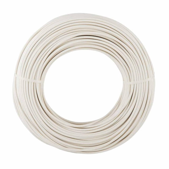 cable thhw-ls rohs iusa calibre 14 awg blanco 50 m en bobina frontal; rollo circular de cable blanco con aislamiento liso y ataduras plásticas, para instalaciones domésticas y alambrado de tableros de distribución; también suele usarse para reparación de equipos electrónicos.