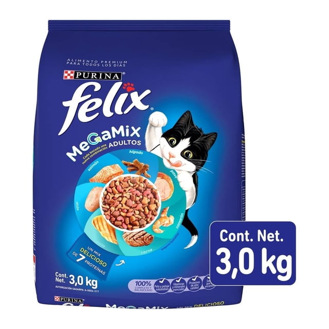 alimento para gato felix megamix adulto 3.0 kg Bolsa frontal azul Purina Felix Megamix Adultos 3.0 kg con gato negro y blanco junto a plato de croquetas multicolores y representaciones de hígado, pavo, camarón, carne, pollo, atún y salmón; destaca Omega 6 y vitaminas D y E, alimento seco para gatos adultos 1.6–7 años. Su tamaño compacto lo hace adecuado para llevar en viajes cortos.