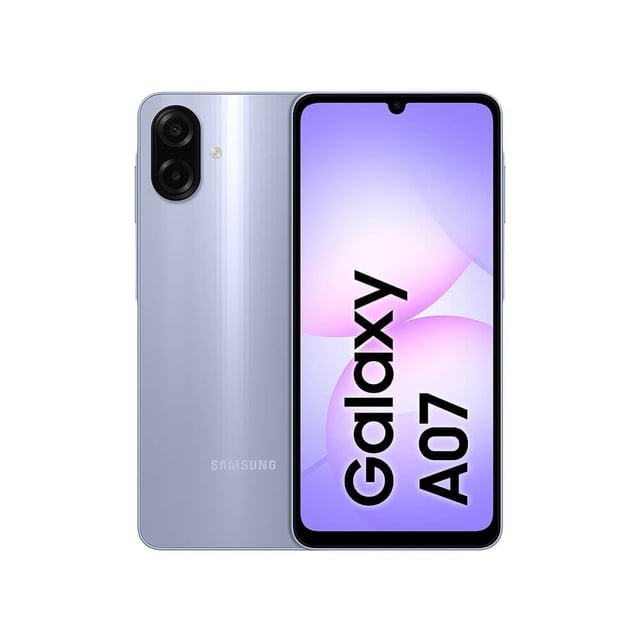 smartphone samsung galaxy a07 dual 128gb 4ram violeta vista frontal y trasera; pantalla 6.6” HD+ encendida con fondo violeta y texto 'Galaxy A07', reverso violeta con módulo de cámara dual 50MP+2MP en posición vertical, acabado con líneas sutiles, sensor de huella lateral en el marco y botón de encendido visible. Ideal para multimedia y selfies gracias a su frontal de 8MP y almacenamiento de 128GB.