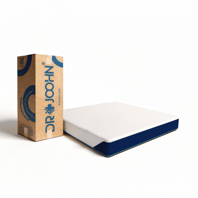colchón en caja matrimonial zen confort dr joohn 20cm, memory gel semi firme para todas las edades. Vista 3/4 de colchón matrimonial blanco con laterales azul oscuro y funda tejida transpirable junto a su caja de cartón vertical con logo DR JOOHN; perfil 20 cm (190x135x20 cm) y capa superior de memory gel para sensación fresca; apto para niños, jóvenes y adultos y frecuente opción como colchón temporal para visitas.