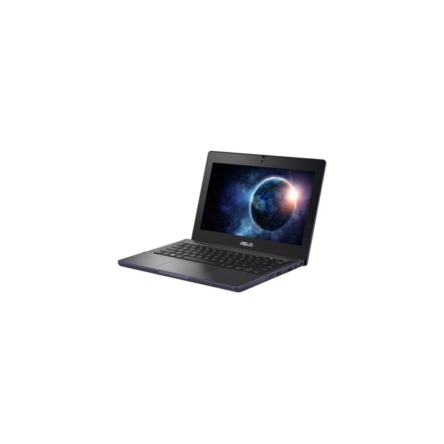 ordenador portátil asus br1102fga-ys14t táctil de 11,6 pulgadas, 2 en 1, 4 gb/128 gb, win11 — vista 3/4 frontal de laptop gris oscuro con pantalla táctil 11.6", teclado integrado y bisagra convertible para modo tablet; puertos USB y lector de tarjetas visibles sobre fondo blanco; también suele usarse para tareas escolares y movilidad.