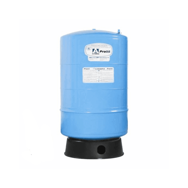 tanque hidroneumático de 26 galones atamira, azul precargado con diafragma; vista frontal centrada de cilindro de acero al carbón azul con etiqueta frontal y válvula superior, base plástica negra y conexión NPT hembra de 1" visible en la parte inferior; capacidad 26 galones y presión máxima 125 psi; adecuado para sistemas domésticos de agua a presión.