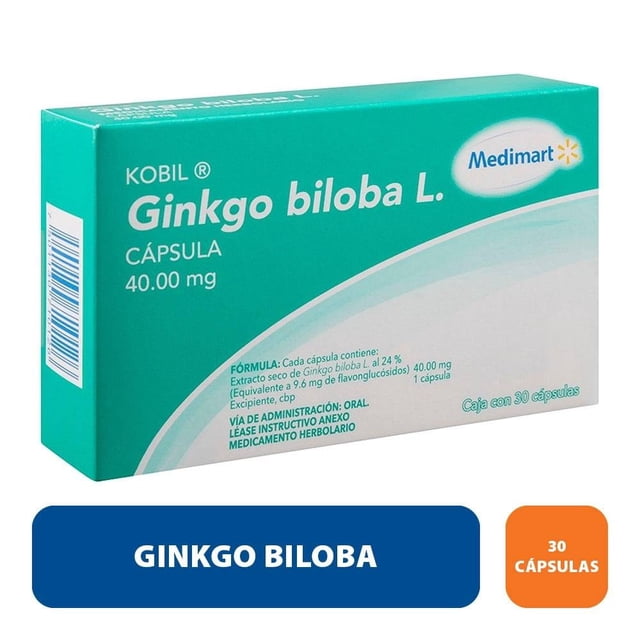ginkgo biloba medimart kobil 40.00 mg 30 cápsulas caja 3/4 frontal sobre fondo blanco; empaque verde y blanco con logo Medimart, texto visible "CÁPSULA 40.00 mg" y lista de fórmula en la cara, etiqueta lateral con código de barras y mención de 30 cápsulas.