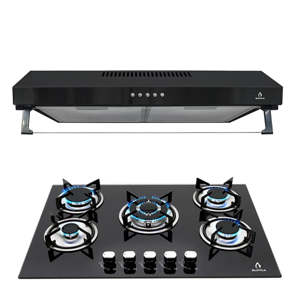 Combo de Cocina Supra Vesubio: Parrilla de Gas 5 Quemadores Cristal Templado 76cm y Campana de Pared Acero Negro 76cm