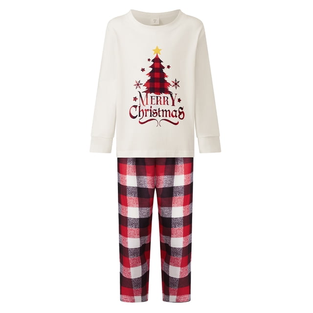 Conjunto de pijama navideño familiar a juego, camisetas de manga larga con estampado de árbol de Navidad y pantalones a cuadros. Ropa de dormir navideña.