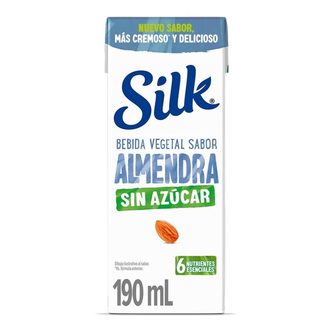 bebida vegetal silk sabor almendra sin azúcar 190 ml envase tetrabrik frontal; logo Silk azul en la parte superior, texto grande 'ALMENDRA' y banda verde 'SIN AZÚCAR', pequeña ilustración de una almendra, sello '6 nutrientes esenciales' y volumen impreso 190 ml en la base.