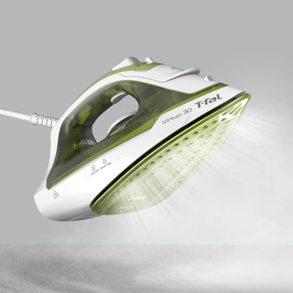 T-fal Plancha de Vapor para Ropa Forest, Suela de cerámica para fácil deslizamiento,1400 W de potencia, Color Verde y blanco, FV2C44U0