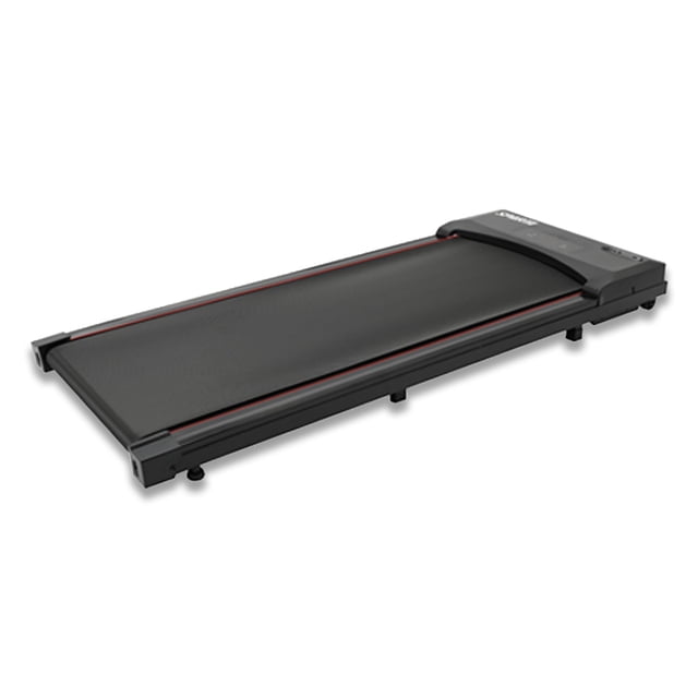 sparta caminadora compacta con control remoto slim walking pad Negro, vista 3/4 frontal de la caminadora plegada; cinta negra con ribete rojo, plataforma ultradelgada y panel LCD integrado con control remoto, ruedas para transporte y tacos antideslizantes. Medidas 118.5 x 55.5 x 10.5 cm, potencia 1HP, velocidad hasta 6 km/h y capacidad 110 kg; diseñada para ahorrar espacio en apartamentos y apta para caminatas diarias; también se usa a menudo para rutinas de rehabilitación o caminatas suaves en casa.