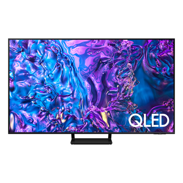 pantalla samsung qled smart tv 65 pulgadas ai 4k uhd qn65q70d 65" color negro, vista frontal centrada con marco delgado y peana rectangular negra; pantalla muestra patrones abstractos morado y azul y logotipo QLED en esquina inferior derecha, a menudo usado para cine en casa.