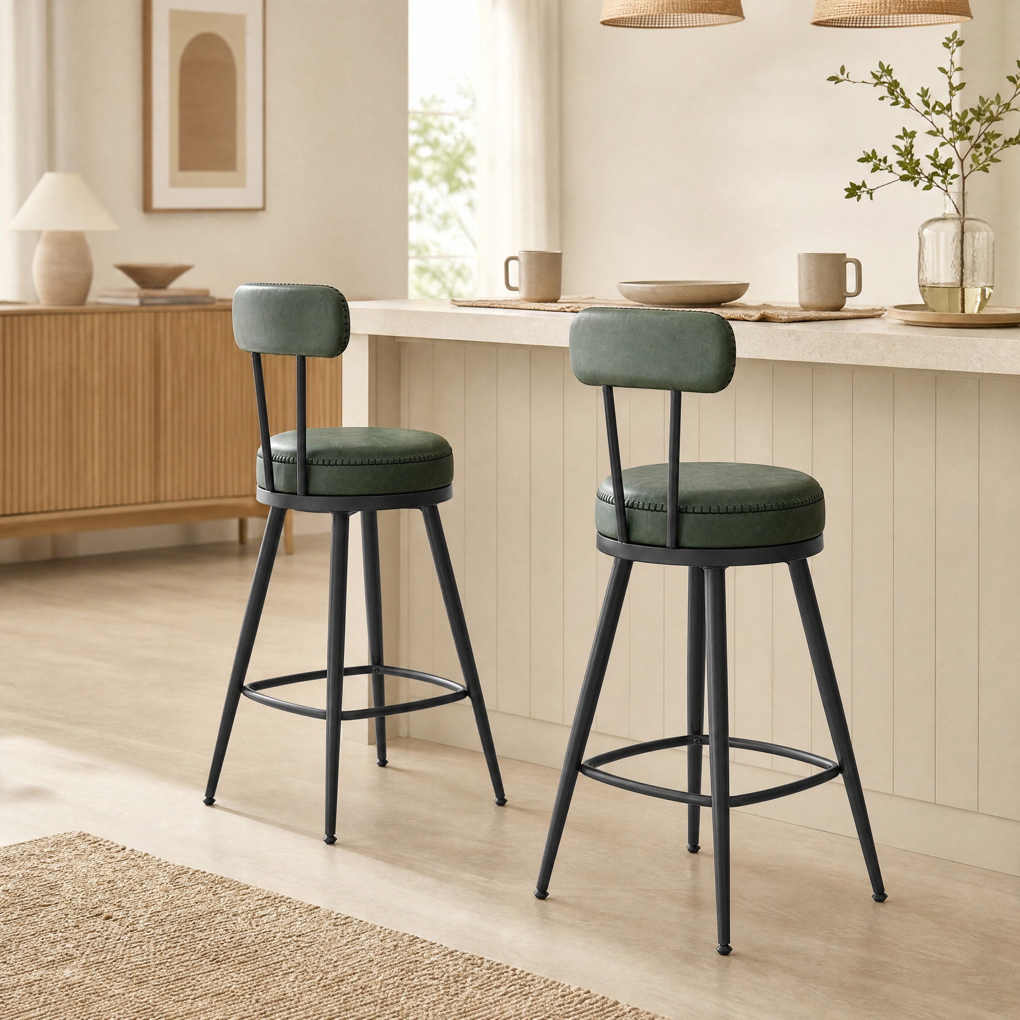 Taburetes de Bar, Set de 2, Giratorios 360° con Respaldo, Cuero Sintético, 54 x 54 x 90.3 cm, Verde bosque