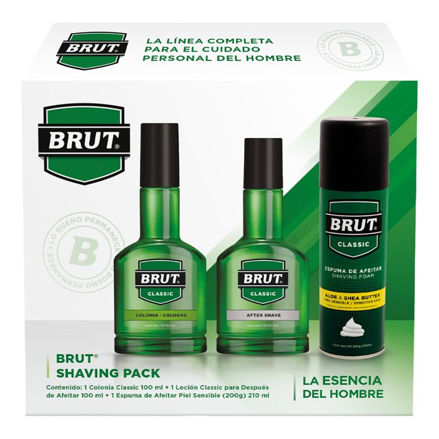 colonia brut classic 100ml más loción para después de afeitar 100ml más espuma de afeitar piel sensible 210ml estuche verde con 3 piezas: botella de colonia Brut Classic 100 ml, loción after shave 100 ml y espuma de afeitar 210 ml para piel sensible; caja frontal blanca y verde con logo Brut y etiquetas negras, presentación para cuidado del hombre.