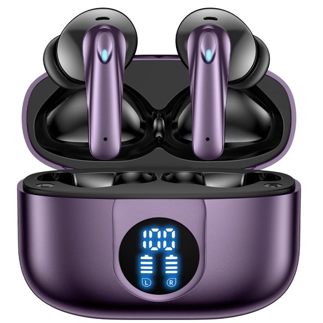v5.4 auriculares bluetooth inalámbricos, auriculares bluetooth 60 horas de batería con cancelación de ruido llamadas claras micrófono incorporado resistente al agua ipx7 — Vista frontal 3/4 del estuche de carga morado oscuro abierto con Veatool P91 TWS; auriculares tipo bastón con puntas intrauditivas y botón táctil, acento de luz azul en cada pieza, pantalla LED digital en la caja con porcentaje y iconos L/R, acabado metálico mate; cancelación activa de ruido (ANC) y micrófono para llamadas claras; suelen usarse también para grabar voz o podcasts en movimiento.