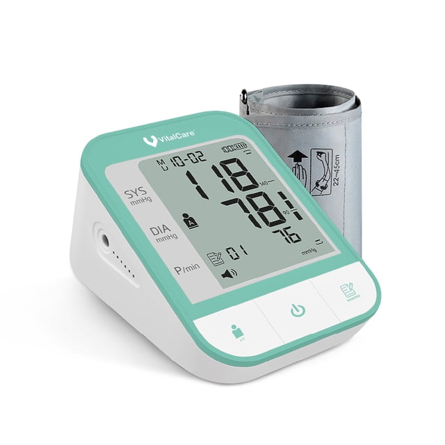 baumanómetro digital de brazo recargable y con bluetooth color menta - ye650a monitor de presión arterial con amplia pantalla LCD mostrando 118/78 mmHg y pulso; carcasa blanca con borde menta, botones frontales, iconos para dos usuarios e indicador Bluetooth, brazalete gris 22–45 cm a un lado, memoria para 120 registros y batería recargable; a menudo usado para llevar control doméstico de lecturas.