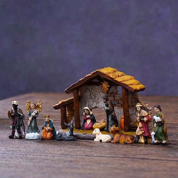 Nacimiento pintado a mano | Adornos navideños de 12 piezas | Figuras religiosas de resina para decoración del hogar y regalos navideños