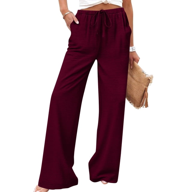 TaTaai Spring Summer Solid Color Women Casual Pants Cotton Linen Elastic Waist Straight Leg Breathable Lightweight Machine Washable No Fading Daily Wear Trousers Gift