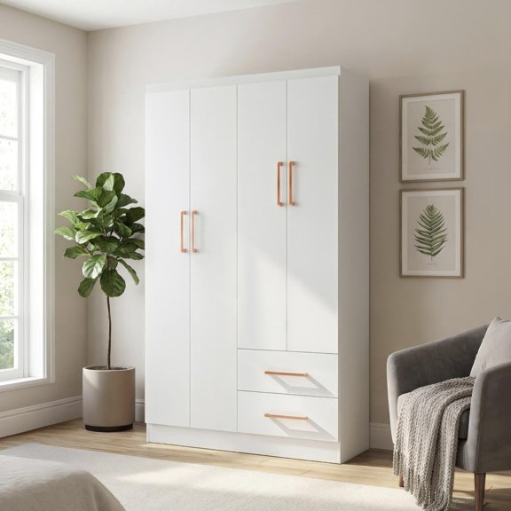 Ropero Closet Armario de Madera con Cajones, Entrepaños y 4 Puertas, Almacenamiento de Ropa blanco