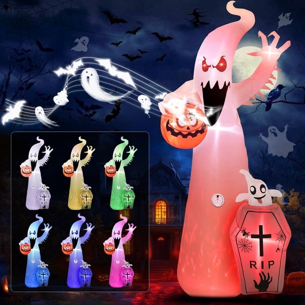 Inflable Fantasma Halloween con Lápida y Luz Interna, Decoraciones de Patio, Fiestas