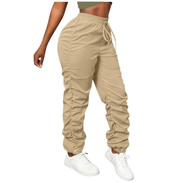 Amzcrzy Pantalones Cargo Mujer Color Liso Ligeros Senderismo Detalle Fruncido Cintura Elástica Cordón Cómodos Jogging Tallas S-2XL Marrón