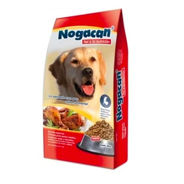 alimento seco nogacan para perro todas las razas 25 kg Bolsa vertical roja de 25 kg con logo Nogacan arriba, vista frontal que muestra croquetas en un plato metálico y una ilustración de pollo en el envase; texto visible sobre nutrición y beneficios dentales, sugiere alimentación balanceada para perros.